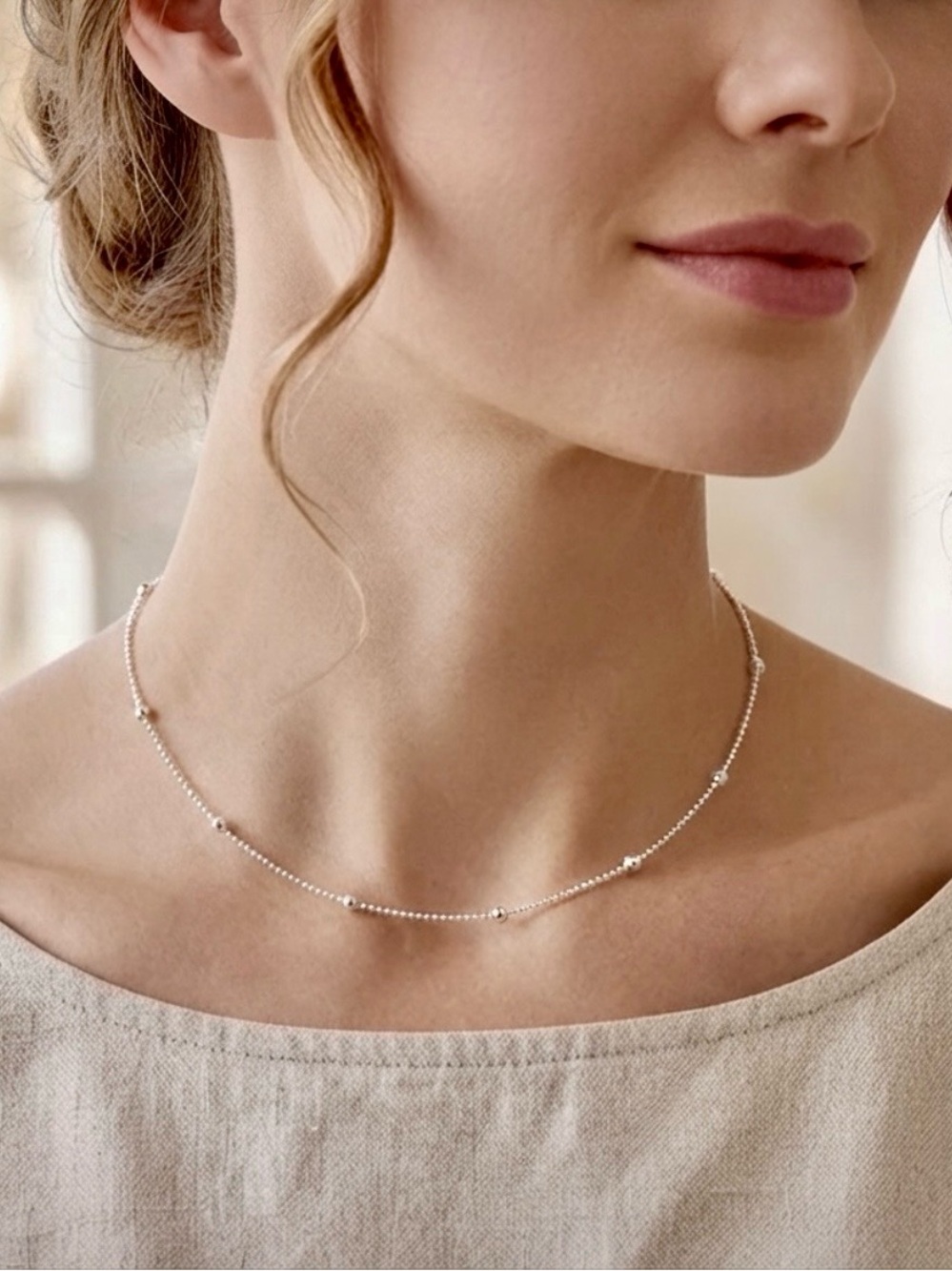 Satellite Station Chain Necklace - 3mm Bead, 1mm Ball Chain, 925 Sterling, 16”
